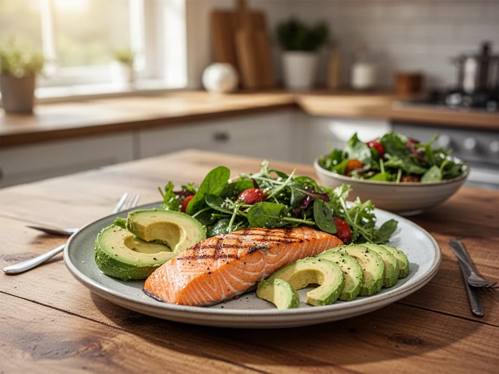 Zdrowy posiłek z grillowanym łososiem, awokado i świeżą sałatką na drewnianym stole, idealny przykład diety low carb.