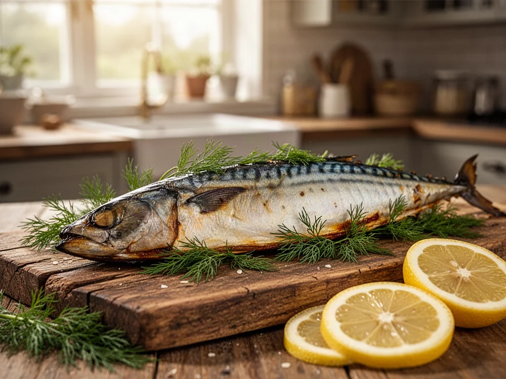 Apetyczny filet wędzonej makreli na drewnianej desce, udekorowany koperkiem i cytryną w przytulnej kuchni.