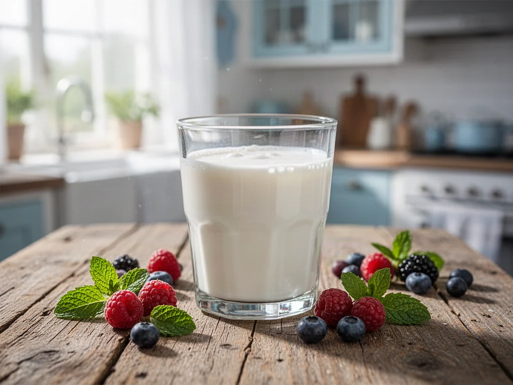 Szklanka kefiru z owocami i miętą na drewnianym stole w słonecznej kuchni, podkreślająca naturalność i świeżość produktu.