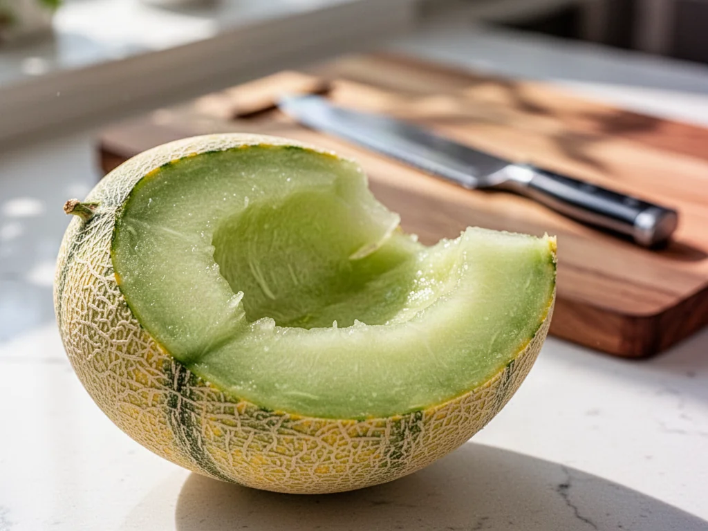 Przekrojony melon galia z soczystym, jasnozielonym miąższem na drewnianej desce w jasnej kuchni.
