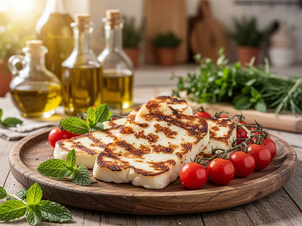 Plastry grillowanego sera halloumi z pomidorkami koktajlowymi i świeżą miętą na drewnianym talerzu.