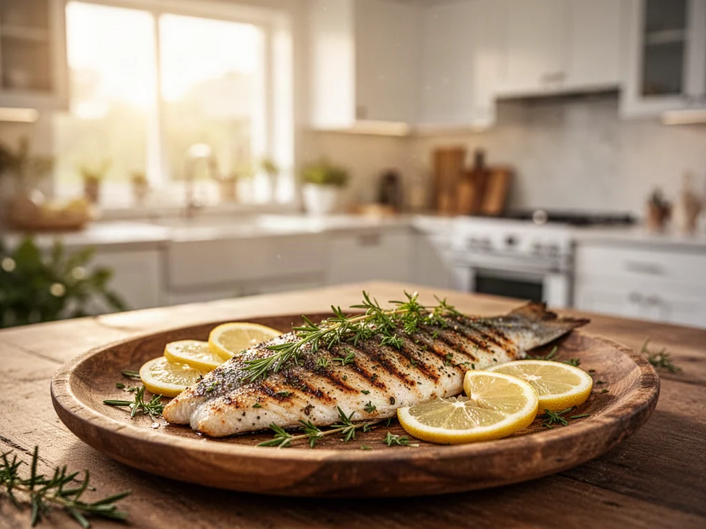 Grillowany filet z tilapii z ziołami i cytryną podany na rustykalnym talerzu w słonecznej kuchni.