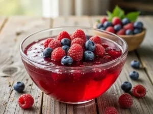 Szklanka kefiru z owocami i miętą na drewnianym stole w słonecznej kuchni, podkreślająca naturalność i świeżość produktu.