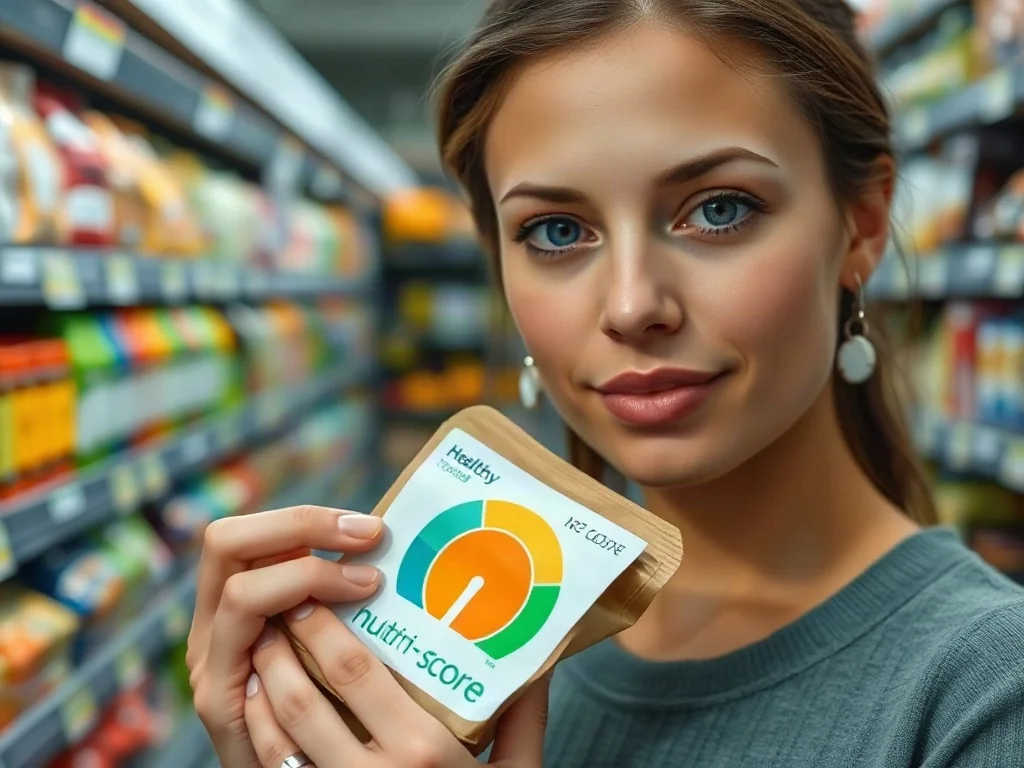 Kobieta w sklepie spożywczym sprawdza oznaczenie Nutri-score na opakowaniu zdrowego produktu.