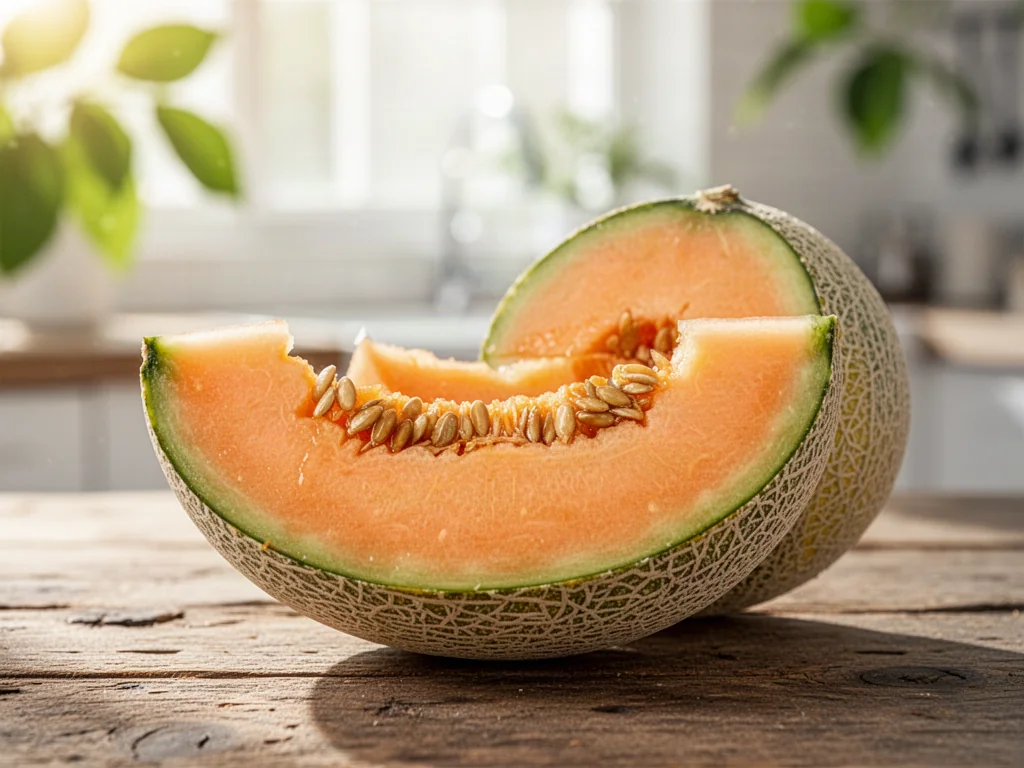Świeżo pokrojony melon kantalupa z soczystym pomarańczowym miąższem na drewnianym stole w słonecznej kuchni.