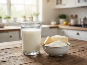 Szklanka kefiru z owocami i miętą na drewnianym stole w słonecznej kuchni, podkreślająca naturalność i świeżość produktu.