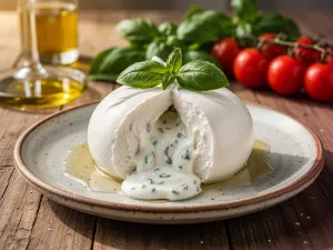 Apetyczne, grillowane krewetki podane na rustykalnym talerzu w otoczeniu cytryny i świeżych ziół.